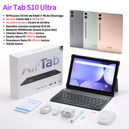 La tablette Airtab S10 Ultra – 1To + 16Go RAM, Double Carte Sim 5G, Wifi, clavier, souris & écouteurs
